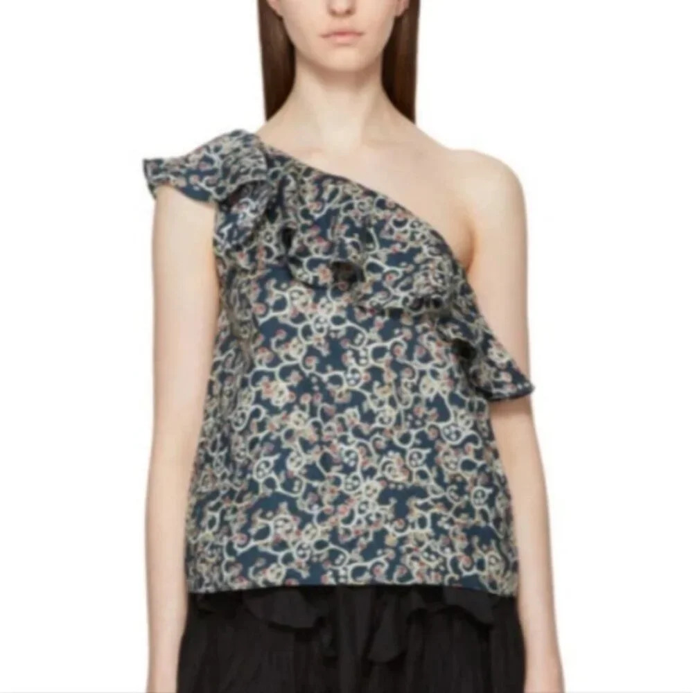 ISABEL MARANT ÉTOILE Thom One-Shoulder floral Printed Blouse Top linen small XS